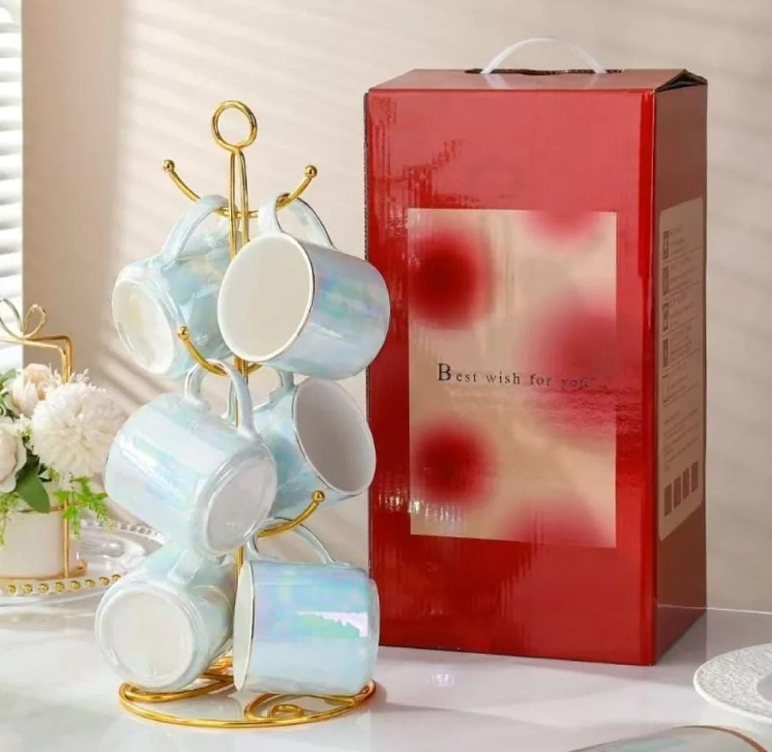 Gold rimmed ceramic mugs with gold stand 6pcs image
