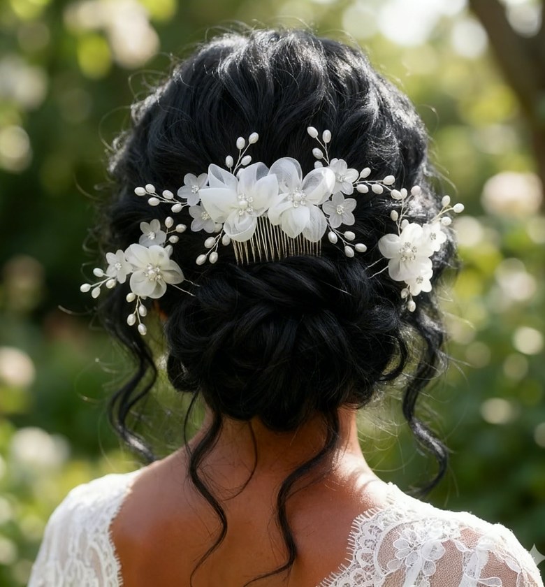 White Pearl Organza Bridal Hair Comb and Pins image