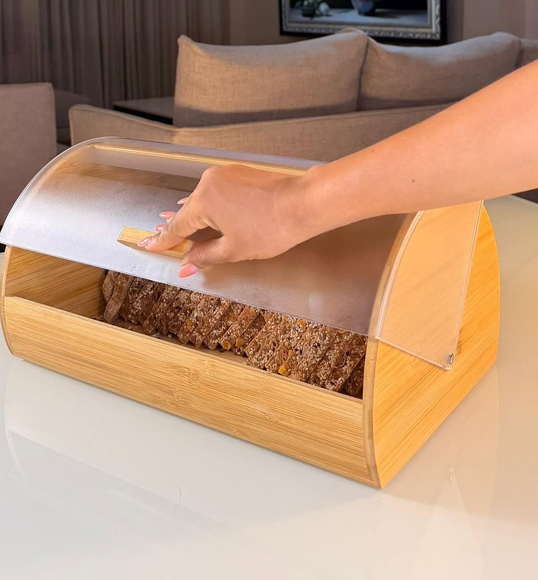 Bamboo Bread Bin & Bread Box with Roll-Top Frosted Clear Lid – Moisture-Absorbing Countertop Bread & Pastry Storage image