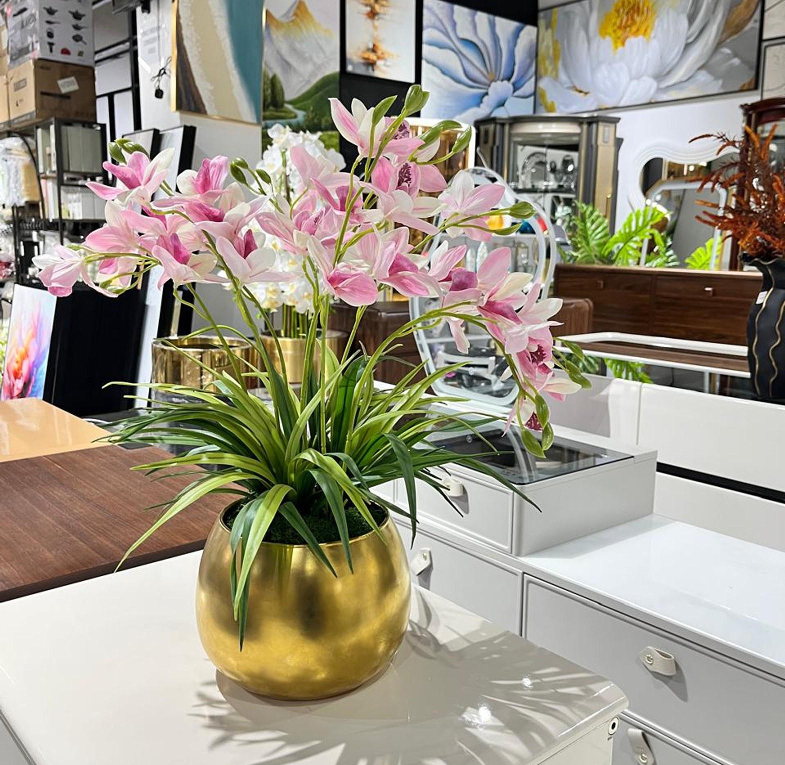 Pink Orchid Arrangement in Gold Planter image