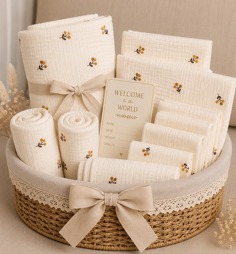 Ivory Collection – Premium Muslin Cotton Newborn Gift Basket image