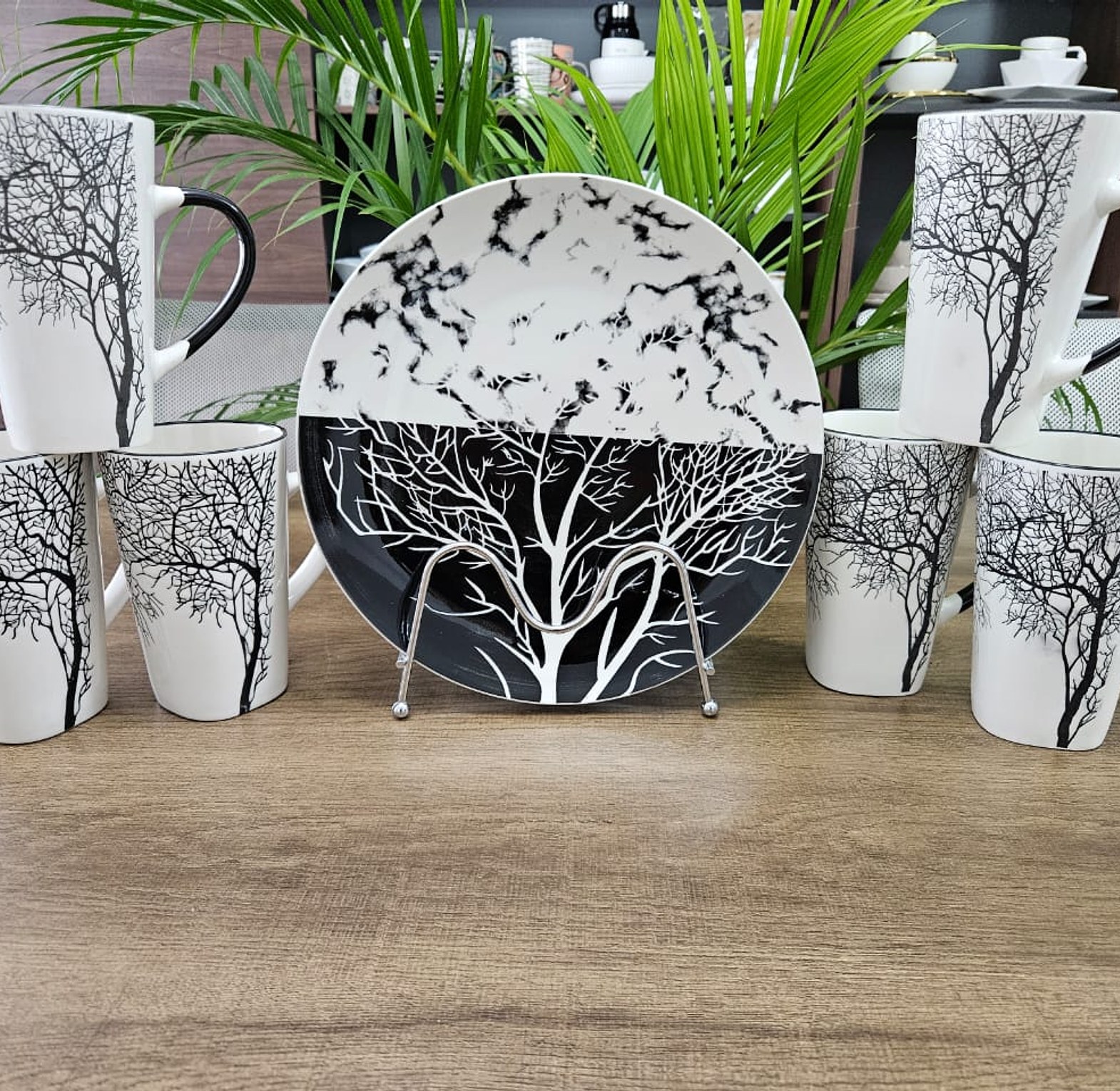 12 pc Ceramic Plate And Mug Set Tree Mugs 6pcs Plates 6pcs image
