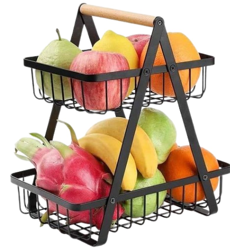 A 2-Tier Foldable Double-layer Portable Iron Basket Fruit Basket.  image