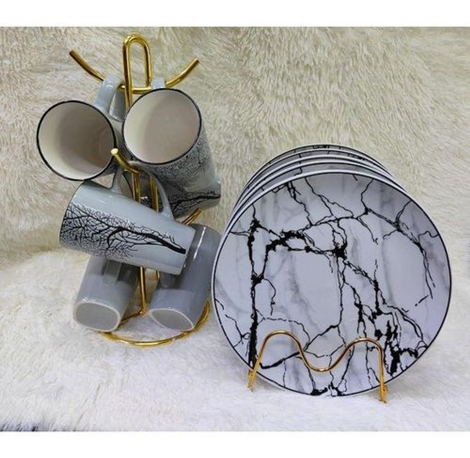 12 pc Ceramic Plate And Mug Set Tree Mugs 6pcs Plates 6pcs Cups image