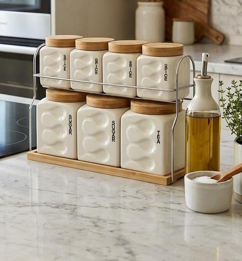 Luxury 8-Piece Ceramic Canister Set with Bamboo Lids & Tray image