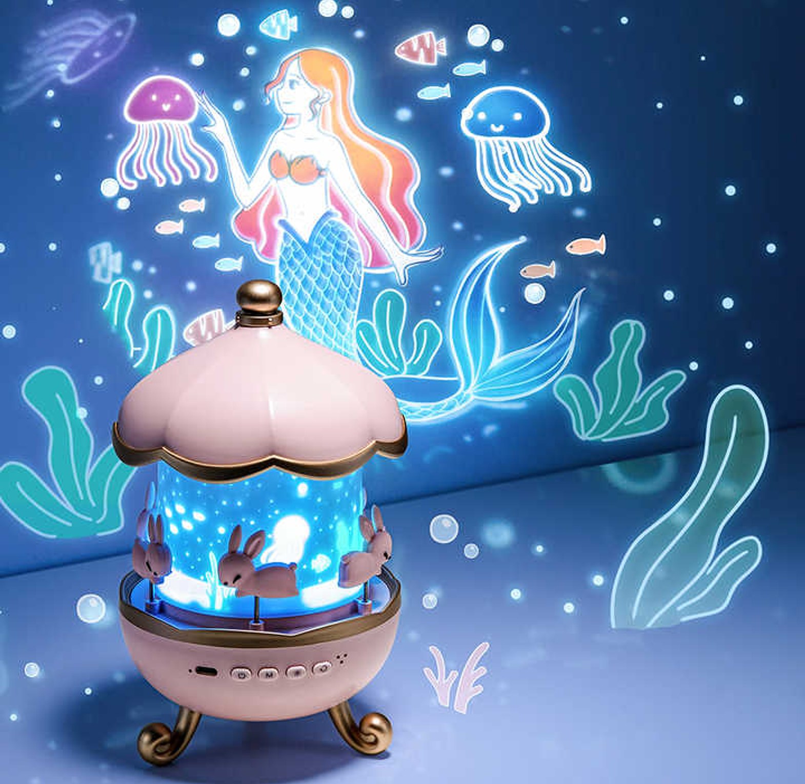 Bunny Carousel Night Light Projector 360 Rotating Kids Bedside Lamp Nursery Light with Interchangeable Projection Films image