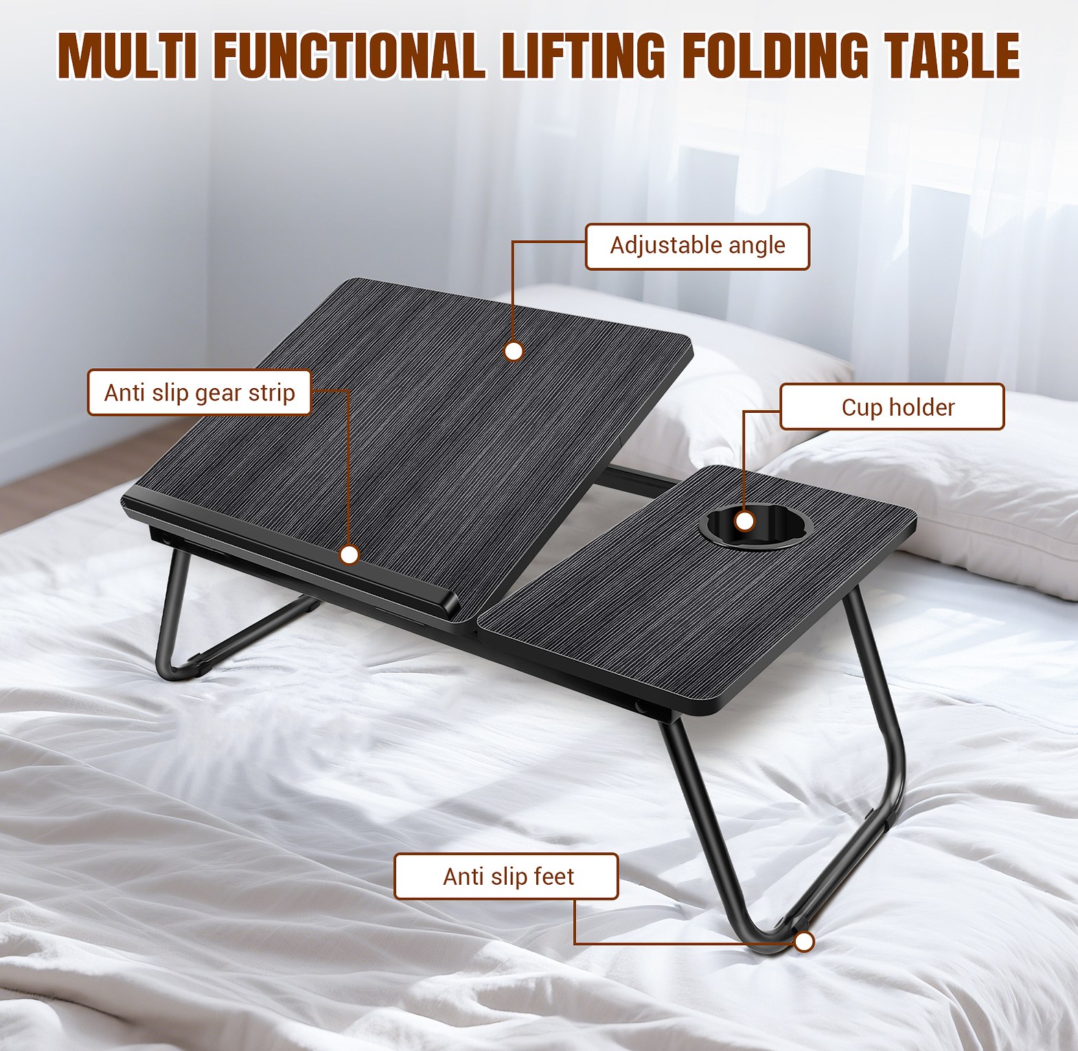 Ergonomic Adjustable Foldable Laptop Table Stand for Bed with Cup Holder Portable Study Desk for Home Office image