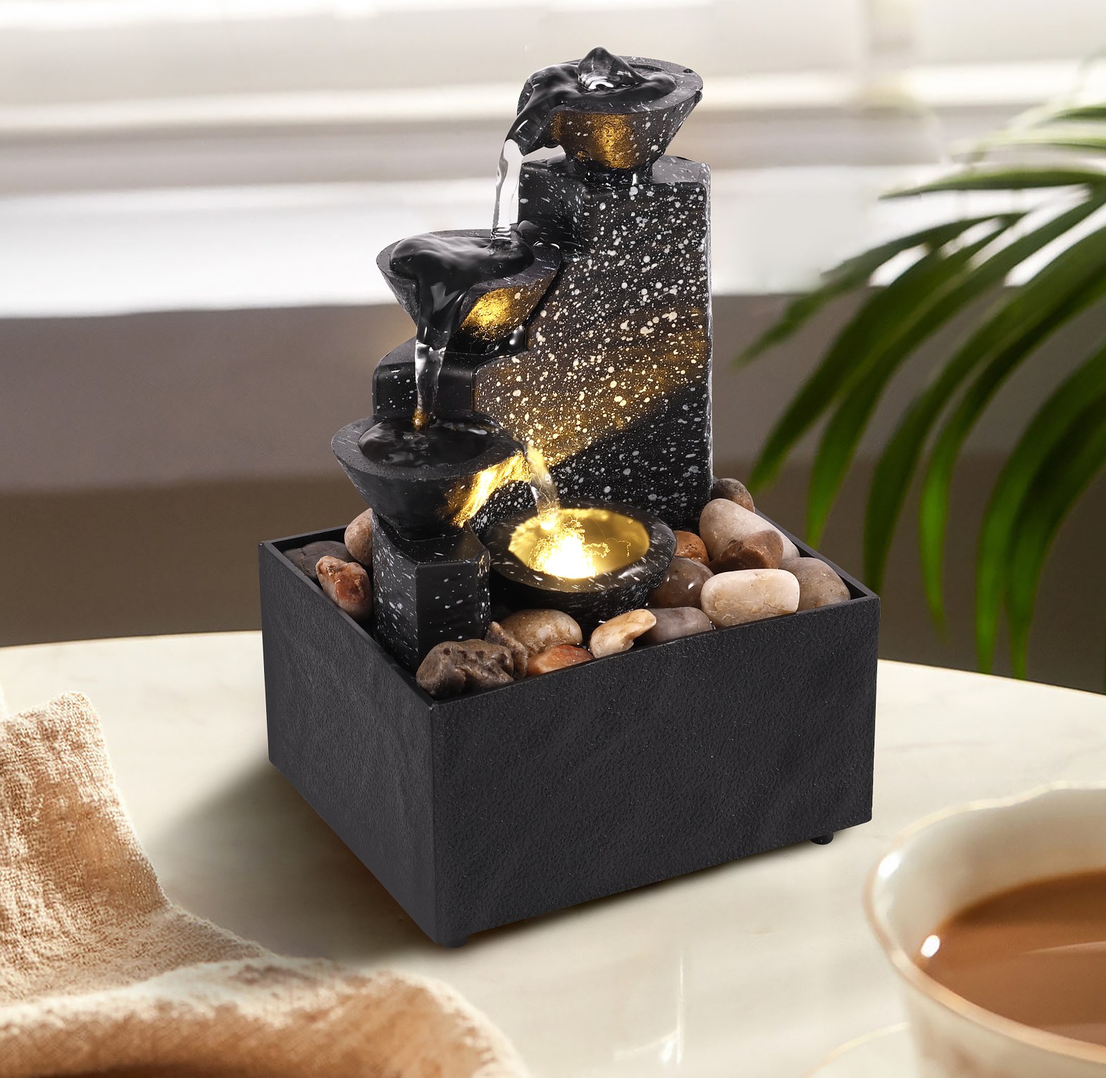 Indoor Tabletop Water Fountain With Led Lights. Home Office Decor. image