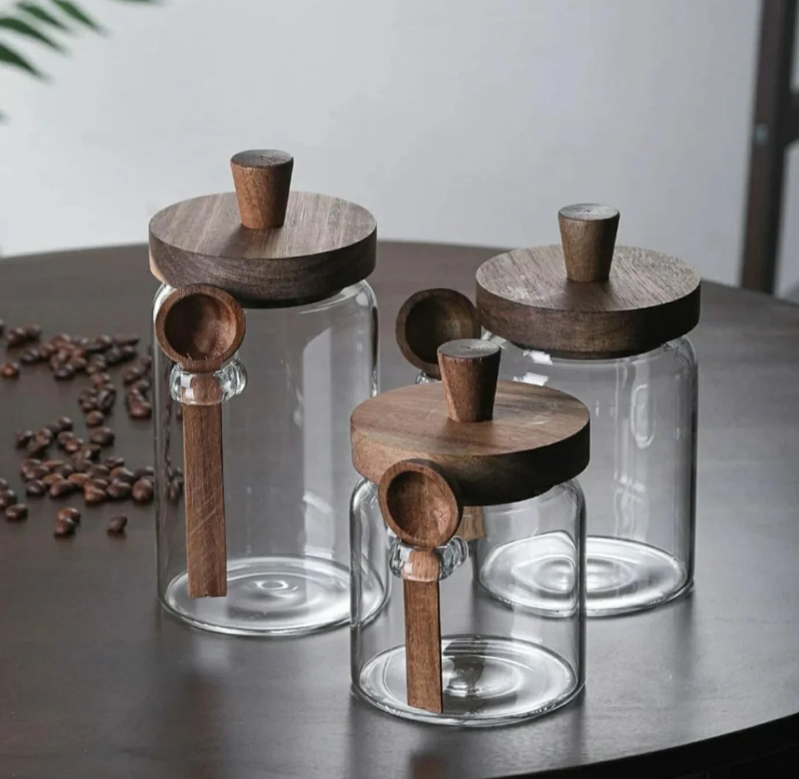 Modern Acacia & Glass Airtight Food Storage Jar Set with Integrated Spoon image