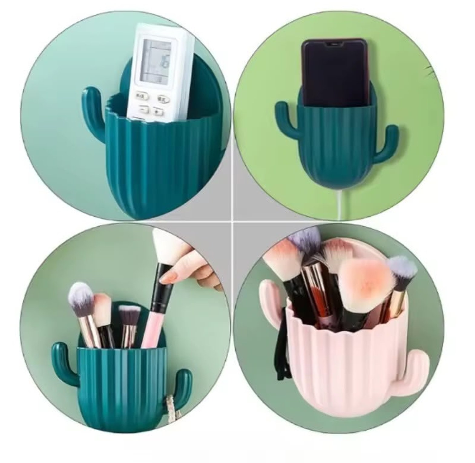 Cactus Wall Mounted Toothbrush Holder and Makeup Brush Organizer Cup with Adhesive Hooks for Bathroom & Vanity Storage image