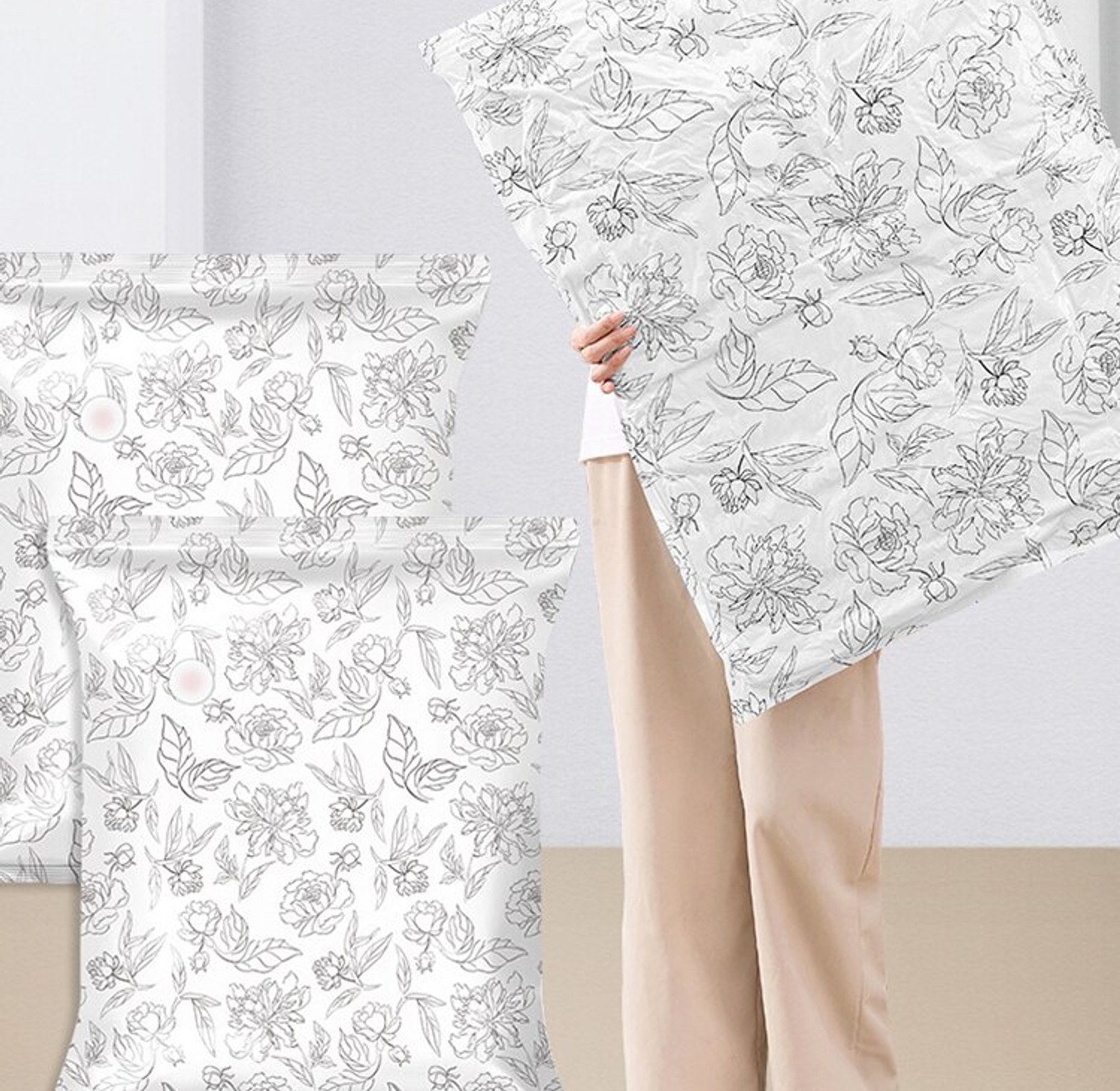 3 piece set Reusable Floral Vacuum Compression Storage Bags for Clothing and Bedding image