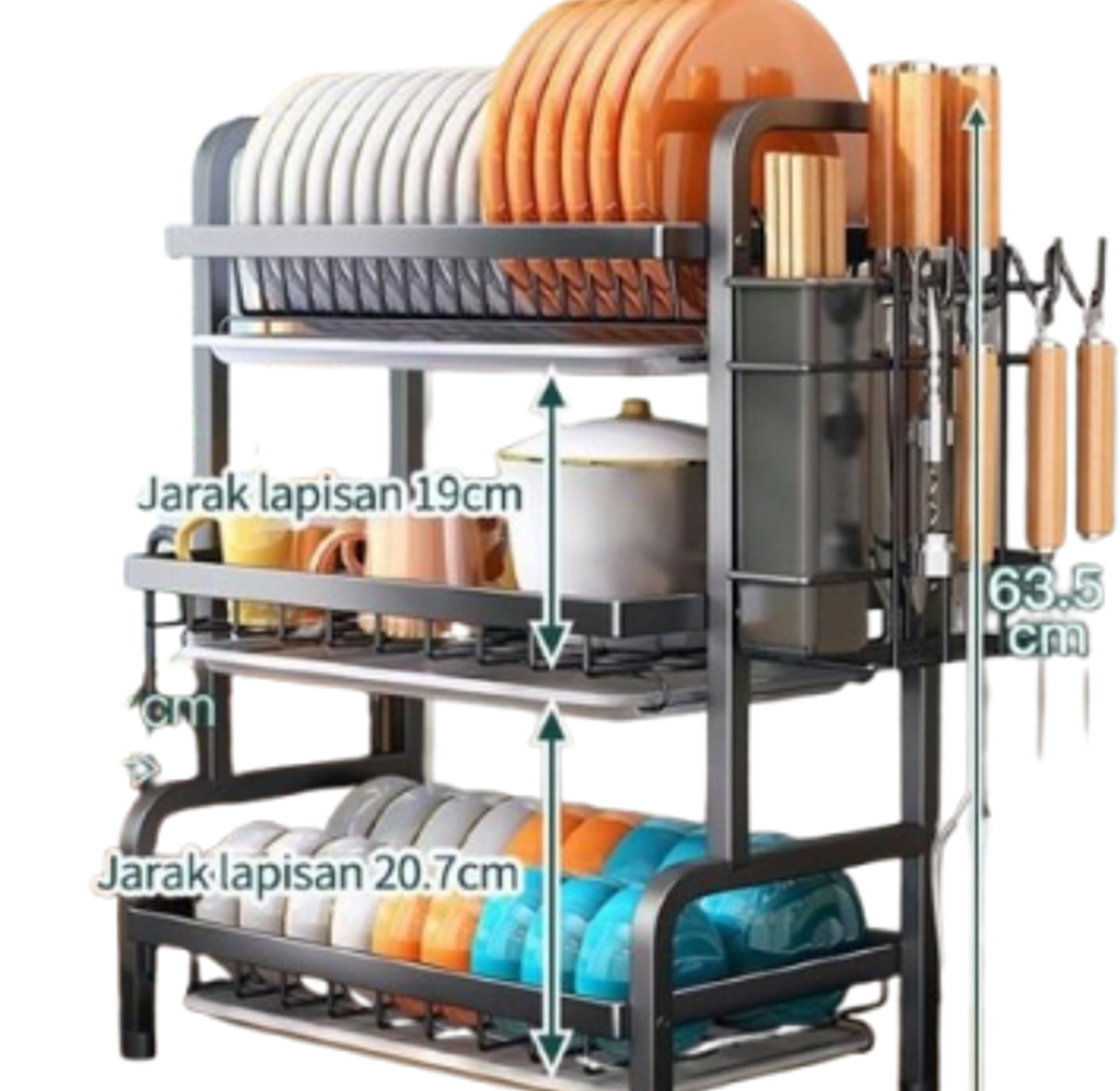 Dish Rack. 3-Tier Dish Rack with Cutlery Holder and Drainer Trays.  image