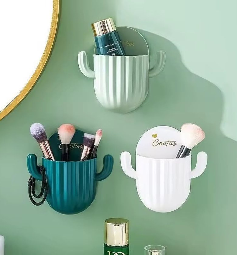 Cactus Wall Mounted Toothbrush Holder and Makeup Brush Organizer Cup with Adhesive Hooks for Bathroom & Vanity Storage image