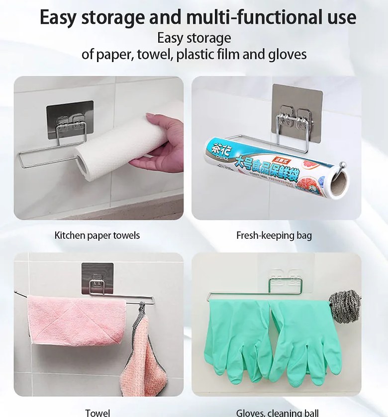 Stainless Steel Wall Mounted Multi-Functional Kitchen Paper Towel Holder Roll Rack for Bags & Gloves image