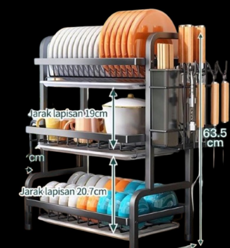 Dish Rack. 3-Tier Dish Rack with Cutlery Holder and Drainer Trays.  image