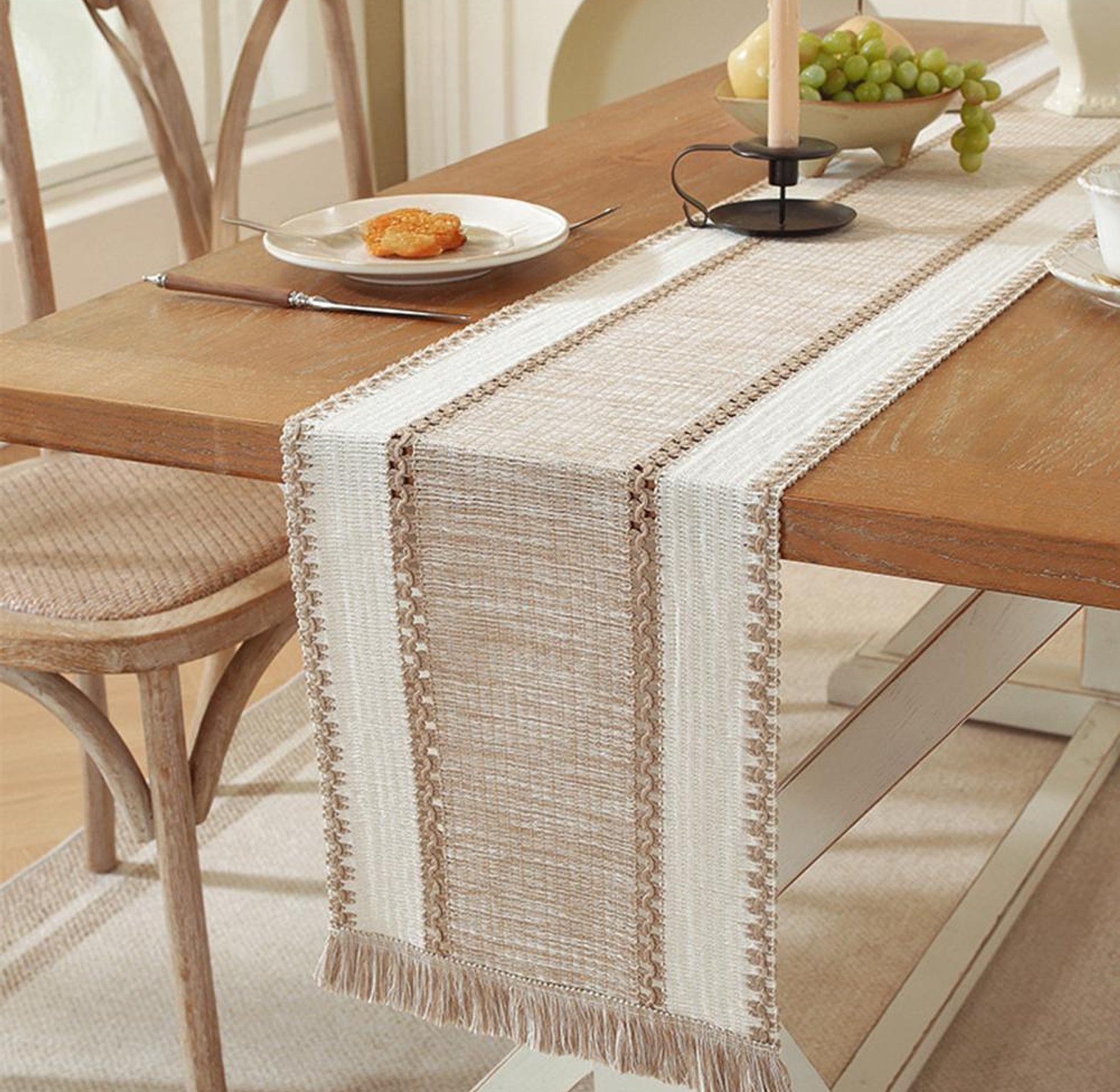 Nordic Boho Striped Table Runner - Hand - Woven Tassels image