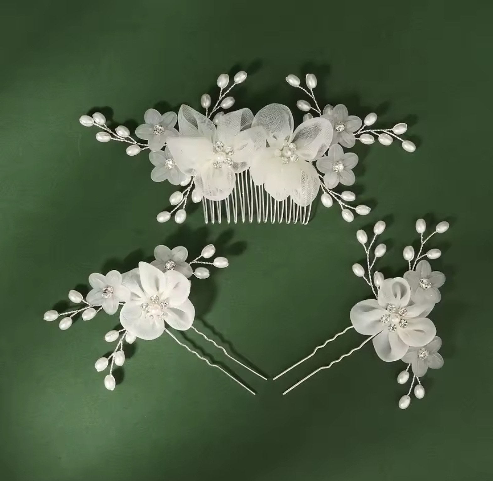 White Pearl Organza Bridal Hair Comb and Pins image