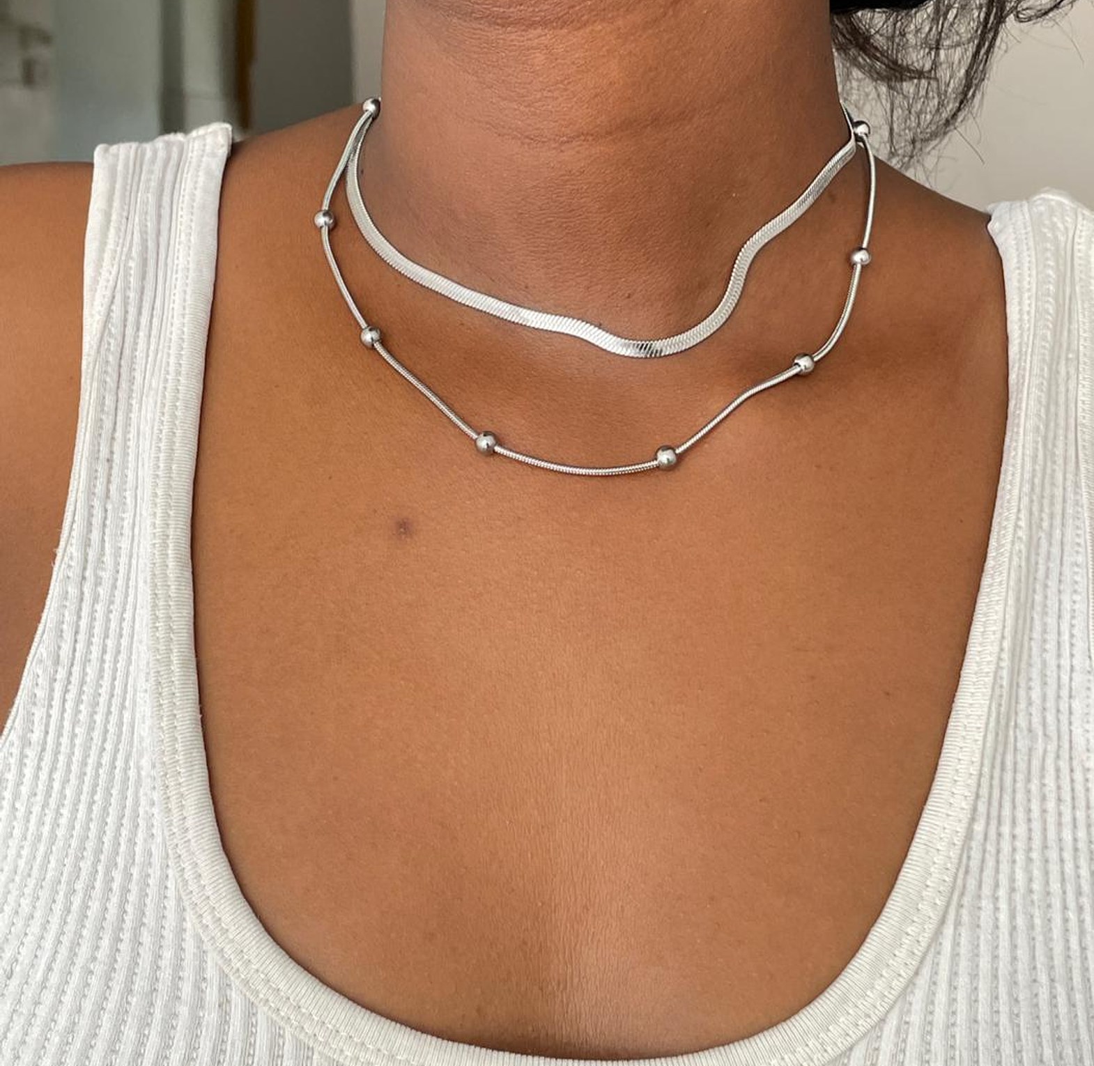 Sleek Dual-Layer Silver Necklace with Bead Accents image