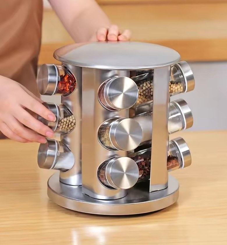 Stainless Steel Rotating Spice Rack & 12 Glass Jar Organizer – Premium Kitchen Storage Solution image