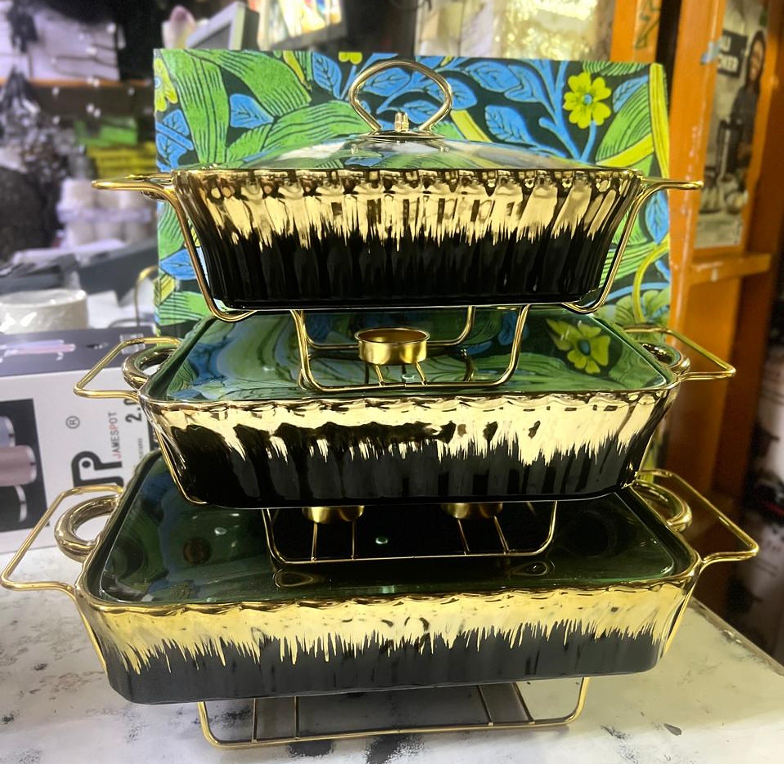 3pc Ceramic Chaffing Dish With Gold  image