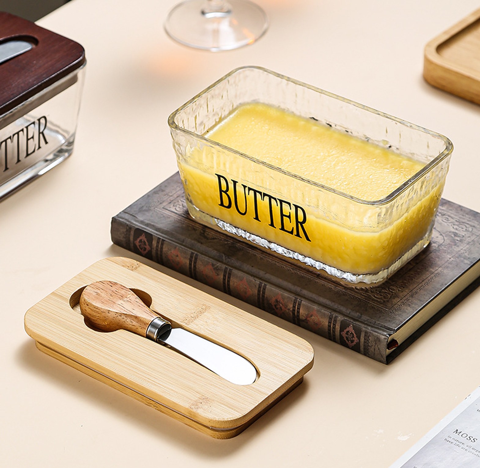 Glass Butter Dish with Bamboo Lid & Knife image