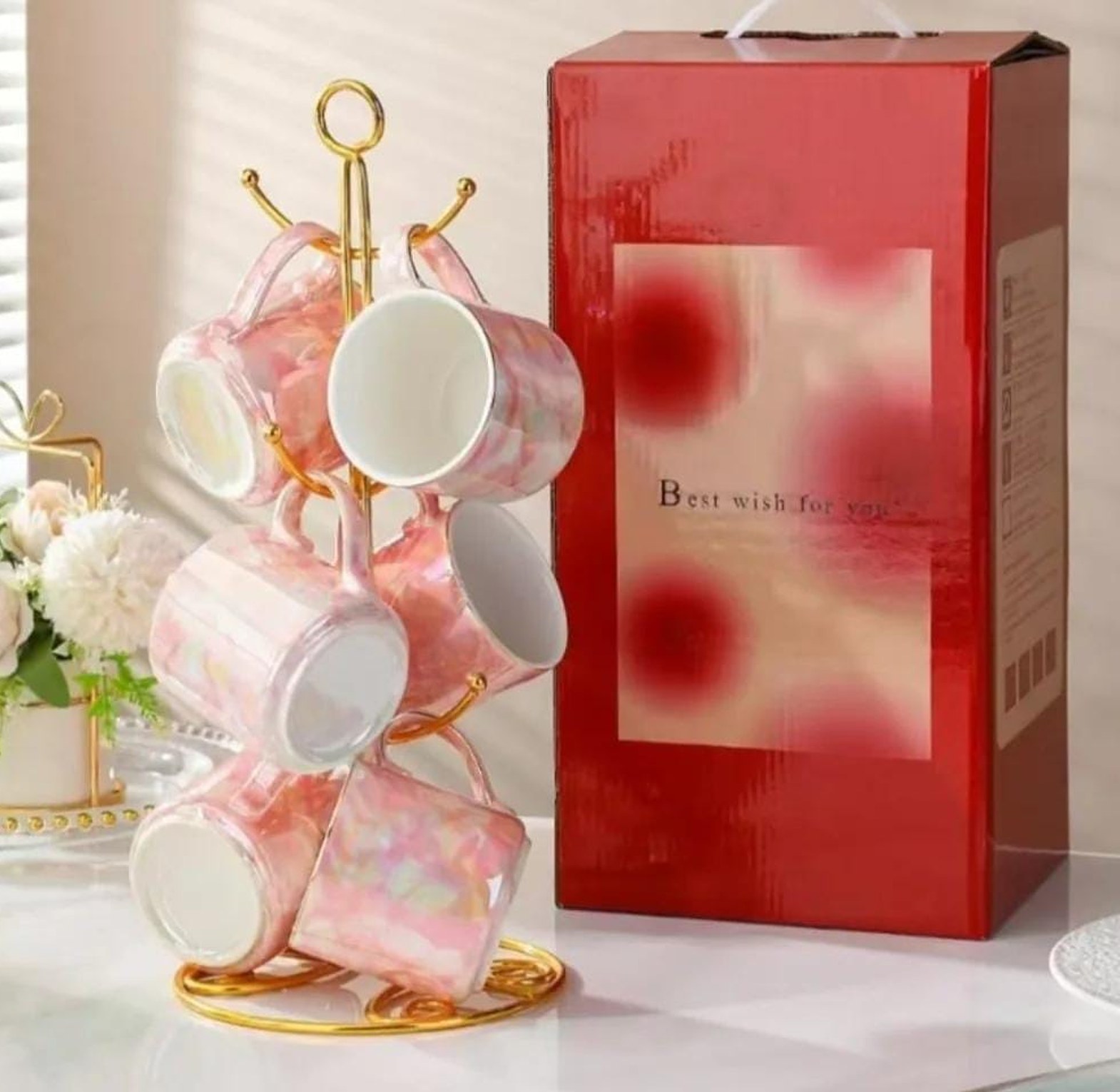 Gold rimmed ceramic mugs with gold stand 6pcs image