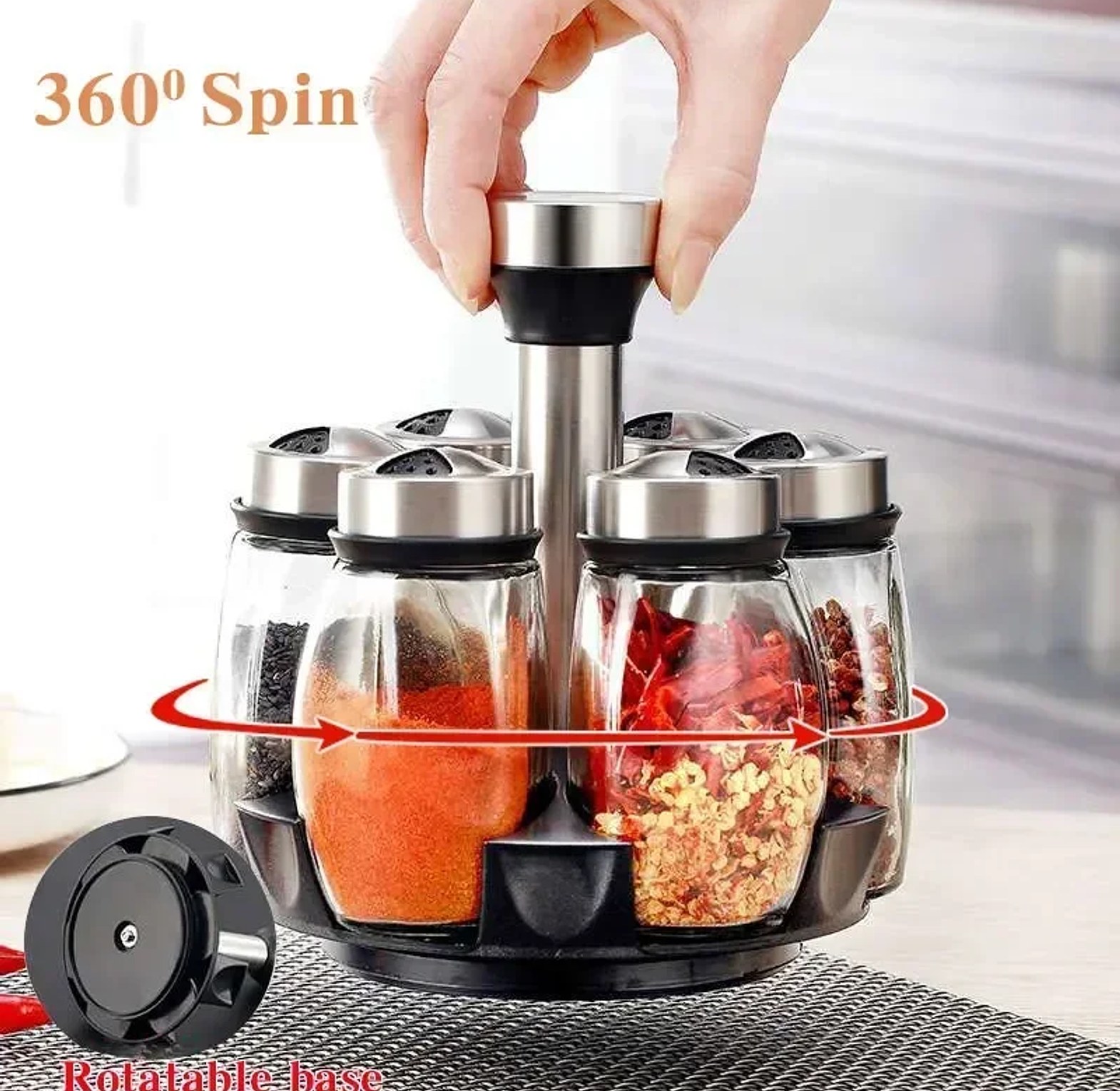 Rotating Spice Rack Set with 6 Glass Jars – Premium Kitchen Organizer & Storage Solution image