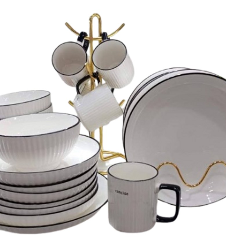 Japanese dinner set. Japanese Dinner Set.24 PCs Ceramic Dinner Set 6 PCs Mugs 6 PCs Dinner Plates 6 PCs Side Plates 6 PCs Bowls White image