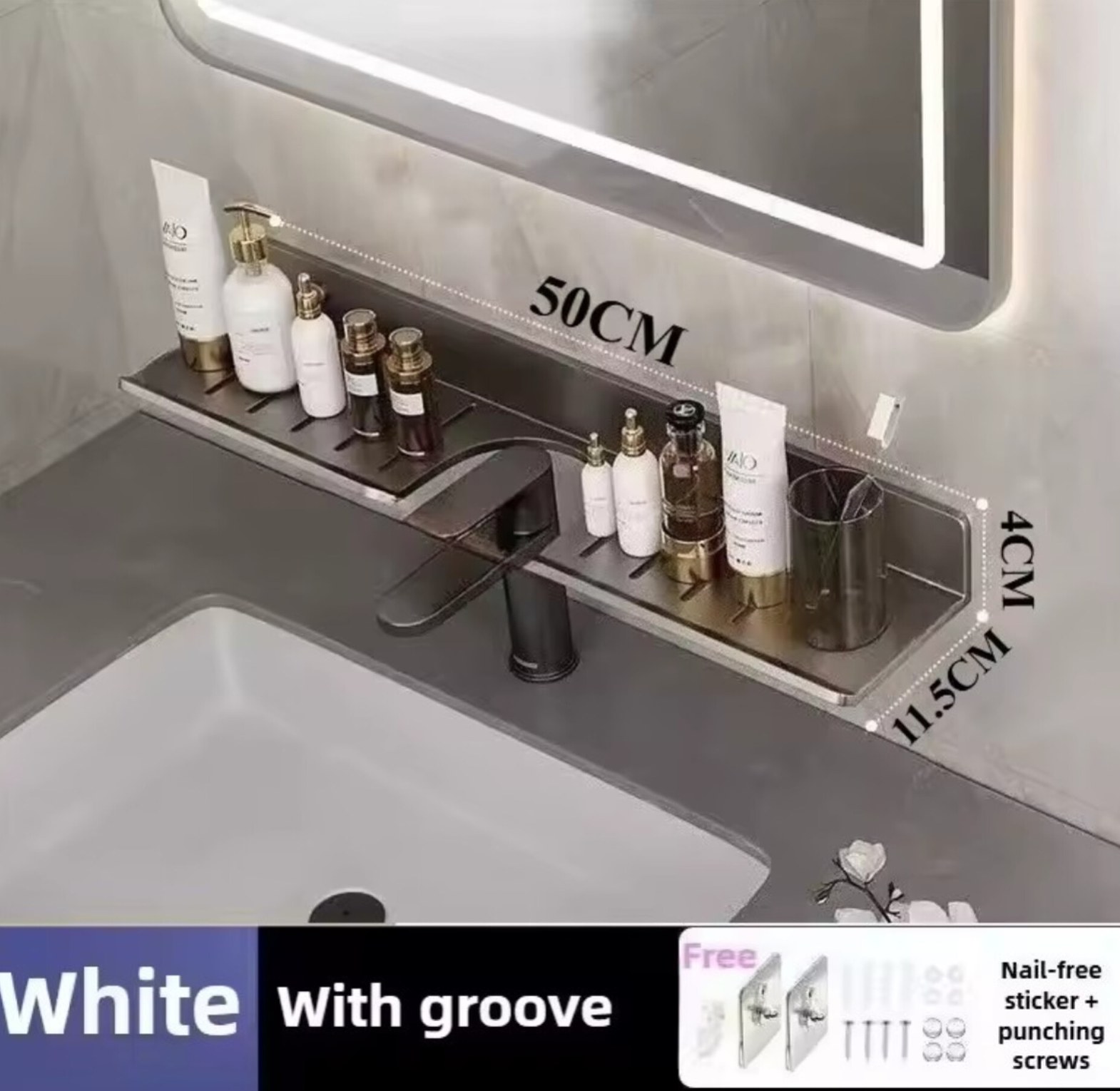 Wall Mounted Bathroom Organizer Shelf 50cm, Rust Resistant Storage Rack for Vanity, No Drill Installation image