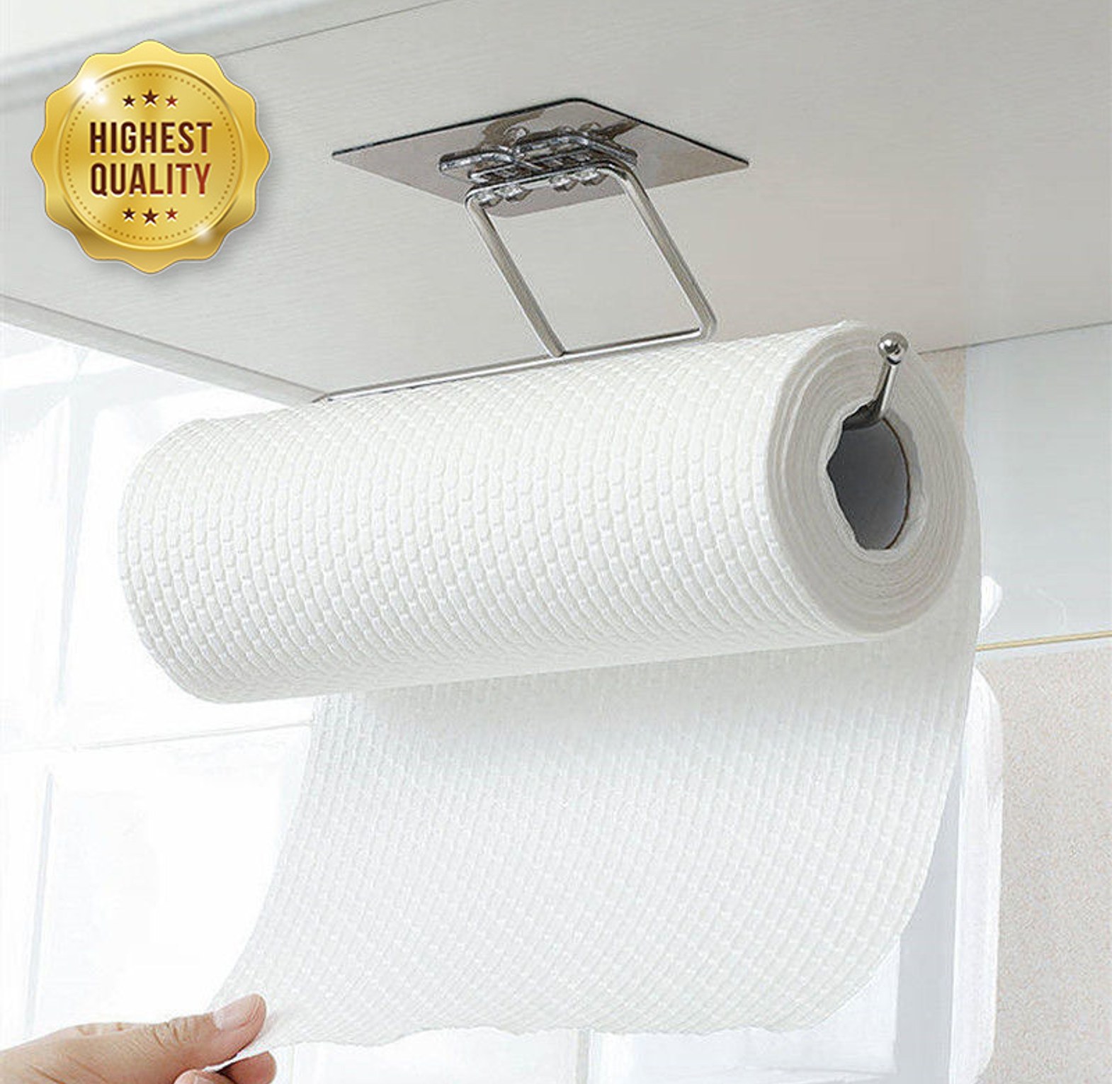Stainless Steel Wall Mounted Multi-Functional Kitchen Paper Towel Holder Roll Rack for Bags & Gloves image