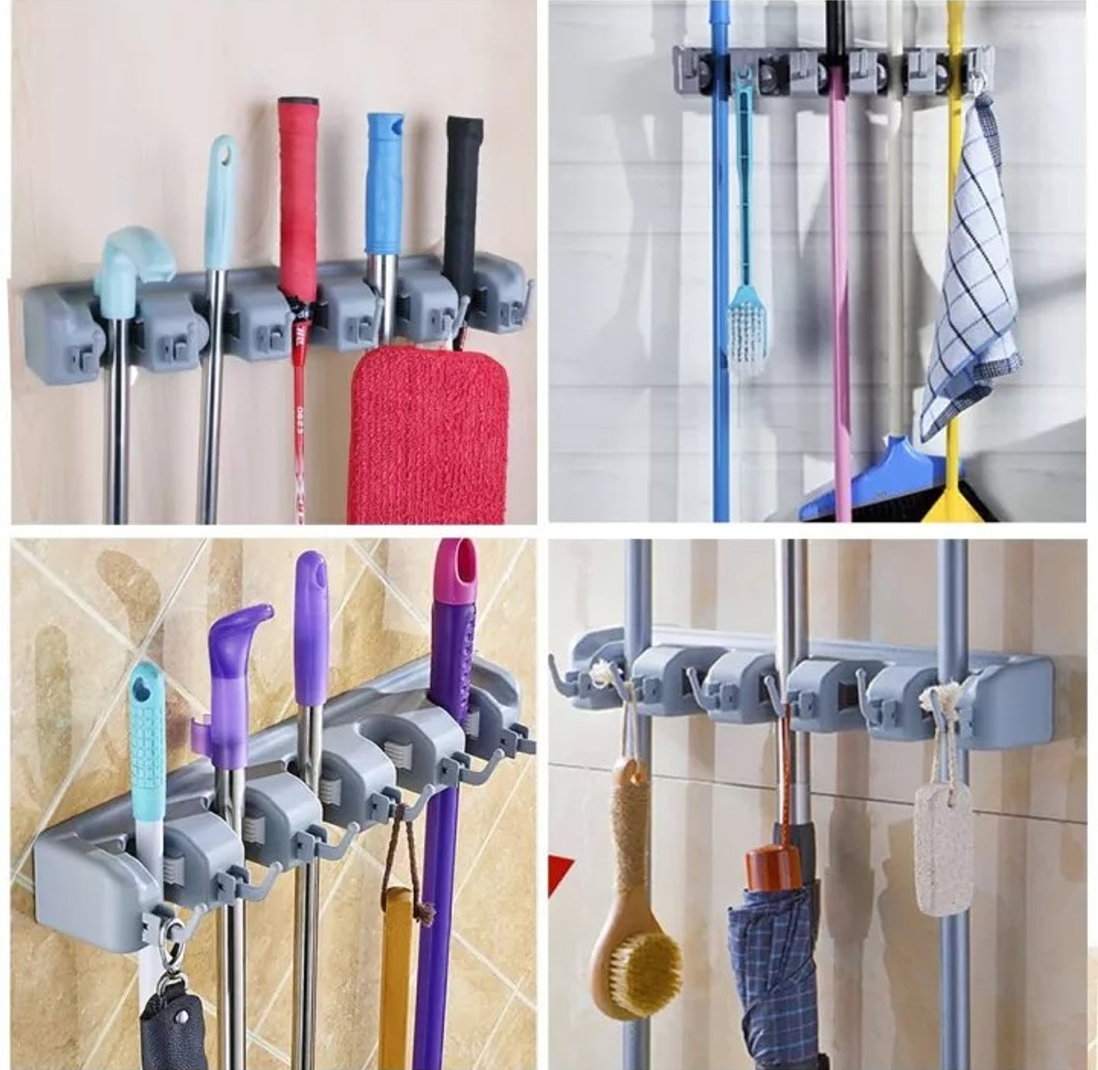 Broom Mop Holder Tidy Organizer, Wall Mounted Organizer with 5 Position 6 Hooks for Brush Mop and Broom Tool Storage image