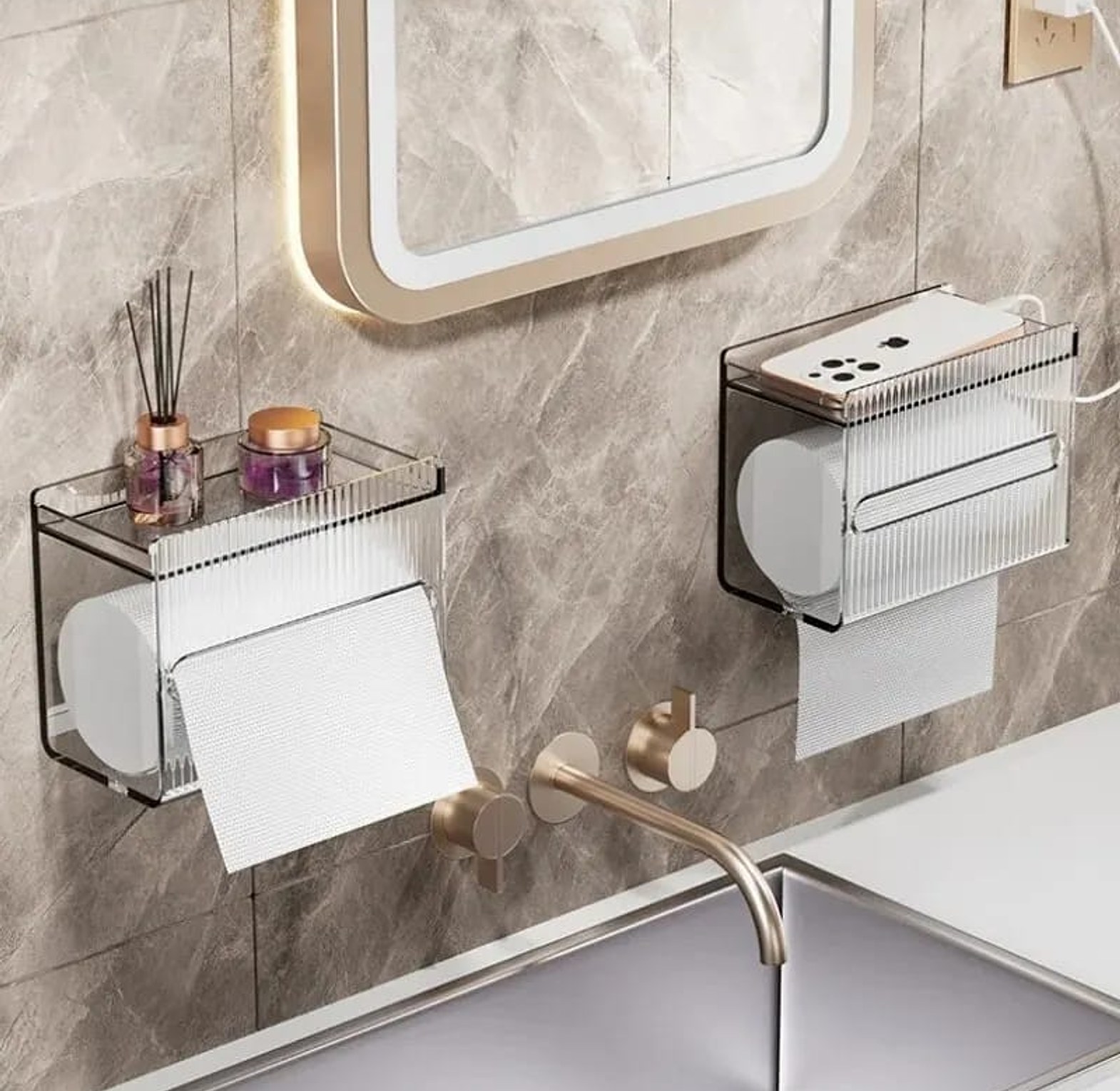 Wall-Mounted Luxury Ribbed Toilet Tissue Box and Multi-Functional Storage Rack image