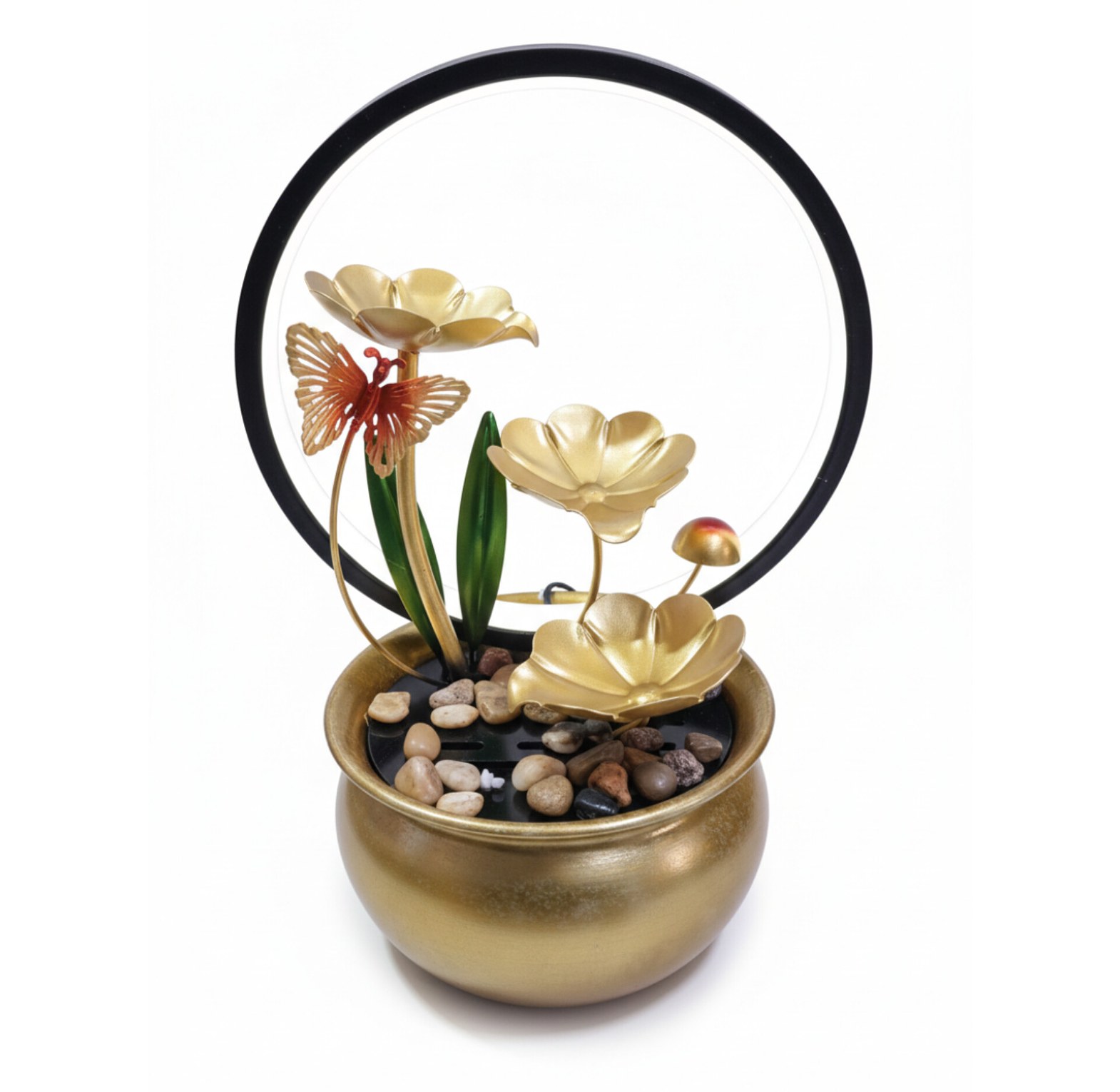 Luxury Golden Lotus Tabletop Water Fountain with Circular LED Light & Butterfly Accents - Modern Indoor Decor for Homes & Offices image