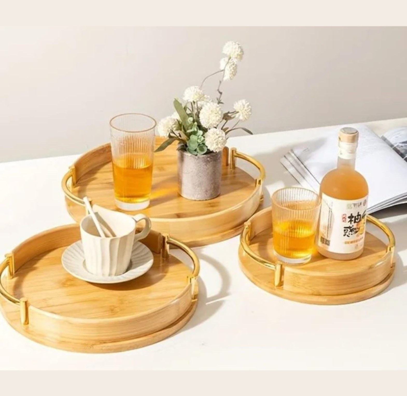 Nested Bamboo Serving Trays with Gilded Handles image