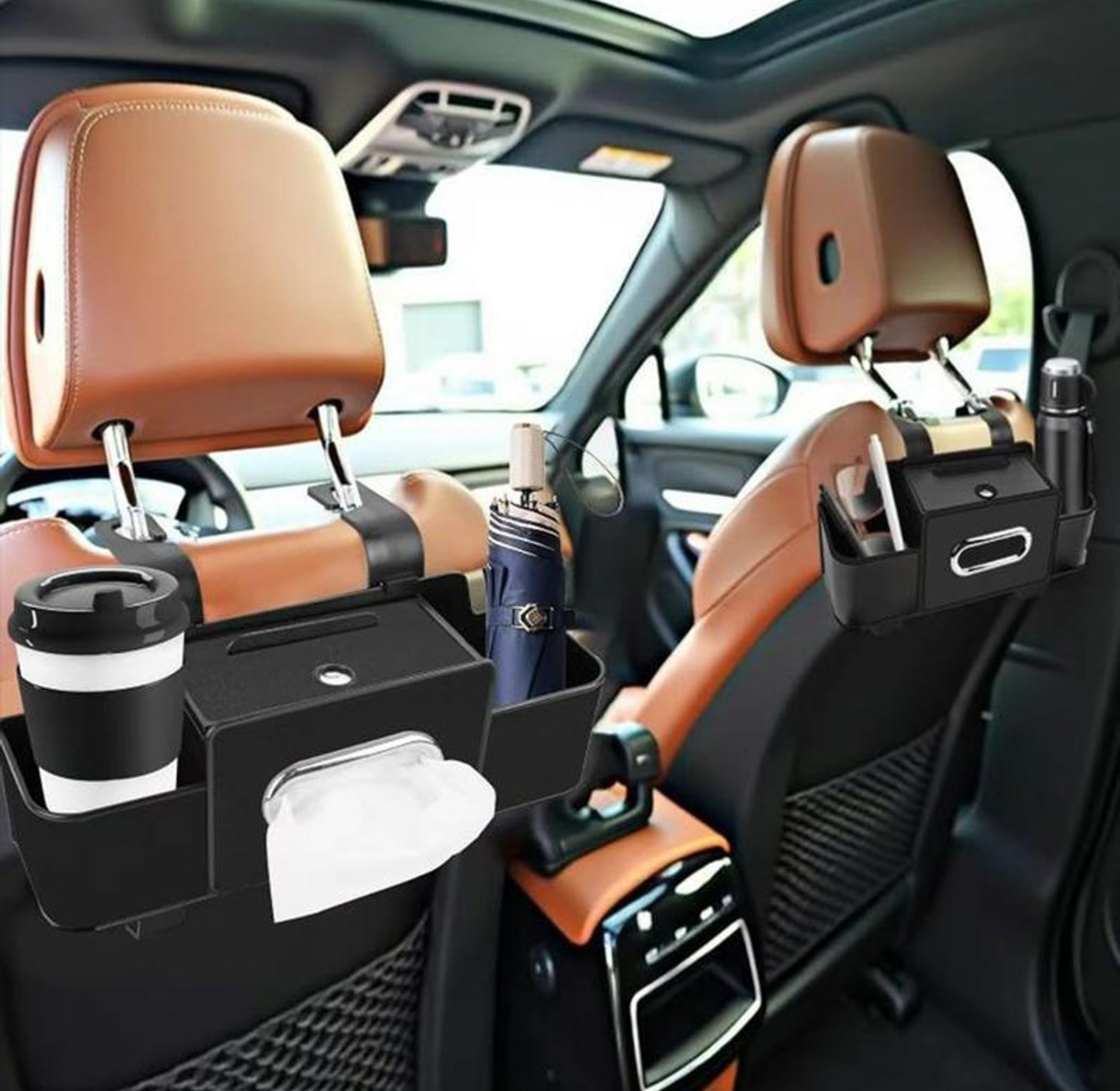 3-in-1 Premium Leather Car Seat Back Storage Box & Tissue Holder Organizer - Universal Fit image