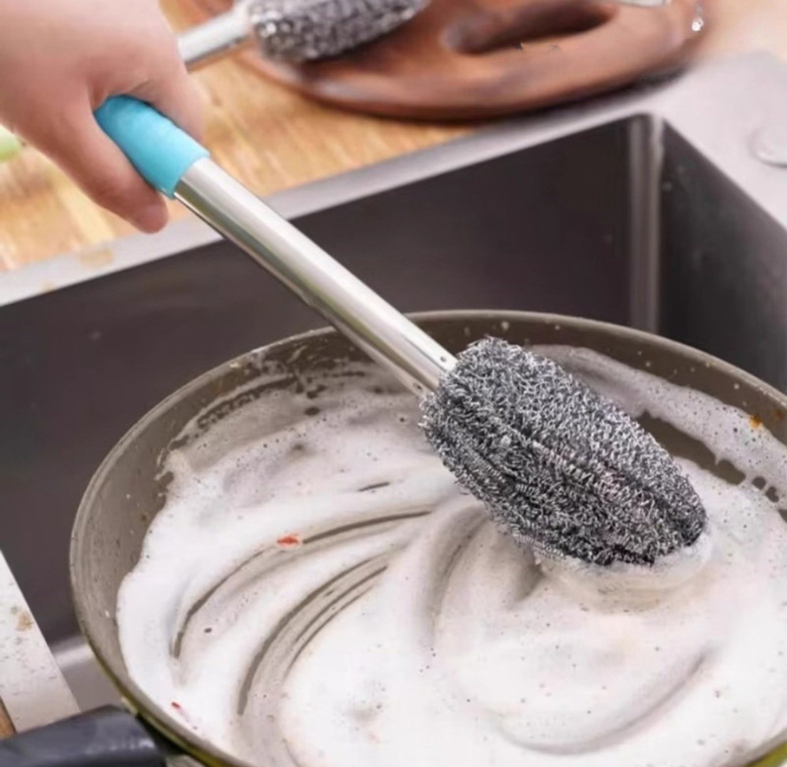 New Portable Steel Wool Cleaning Brush with Long Stainless Steel Handle image