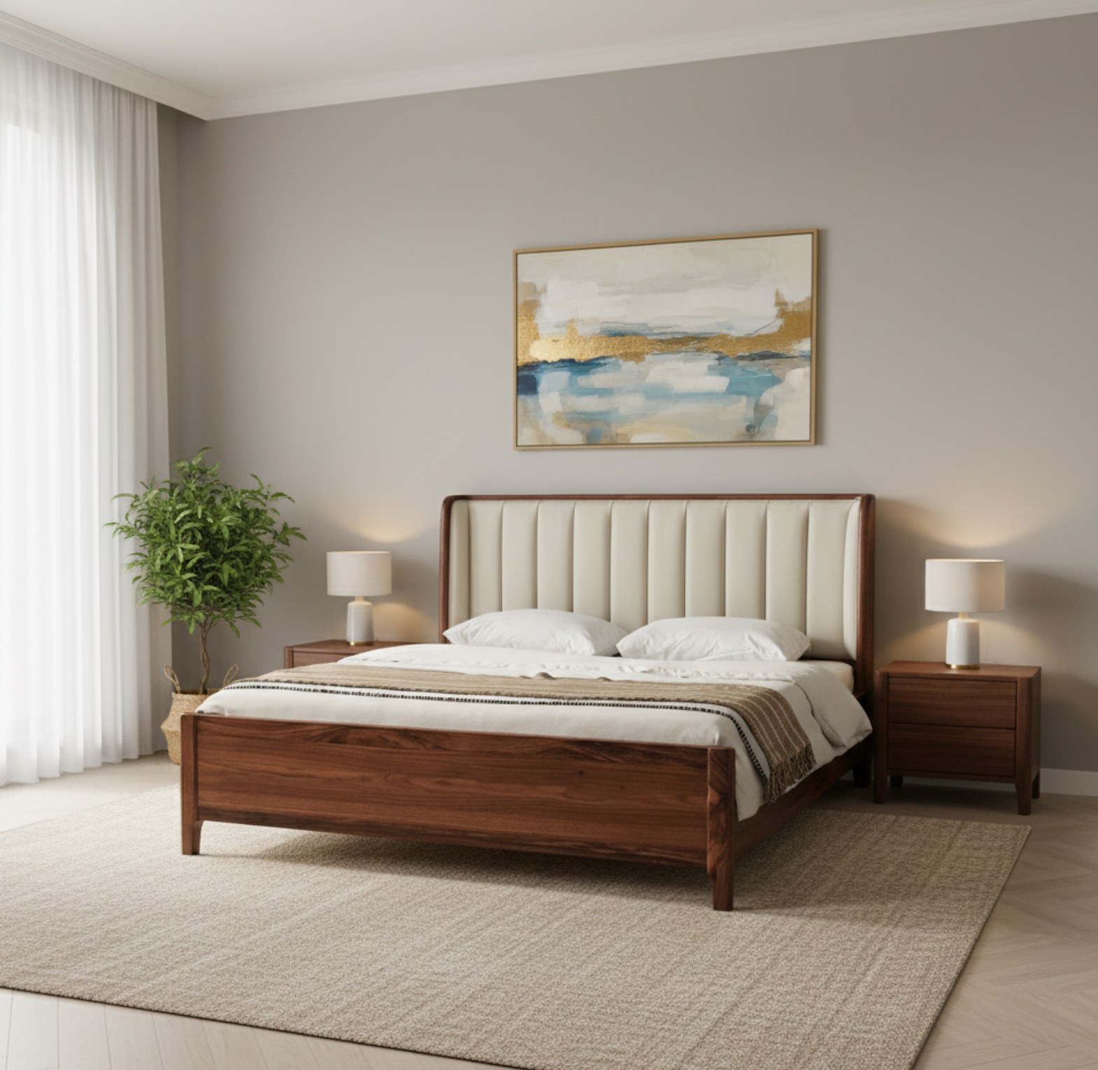 Classic Wood Bed with Padded Headboard image