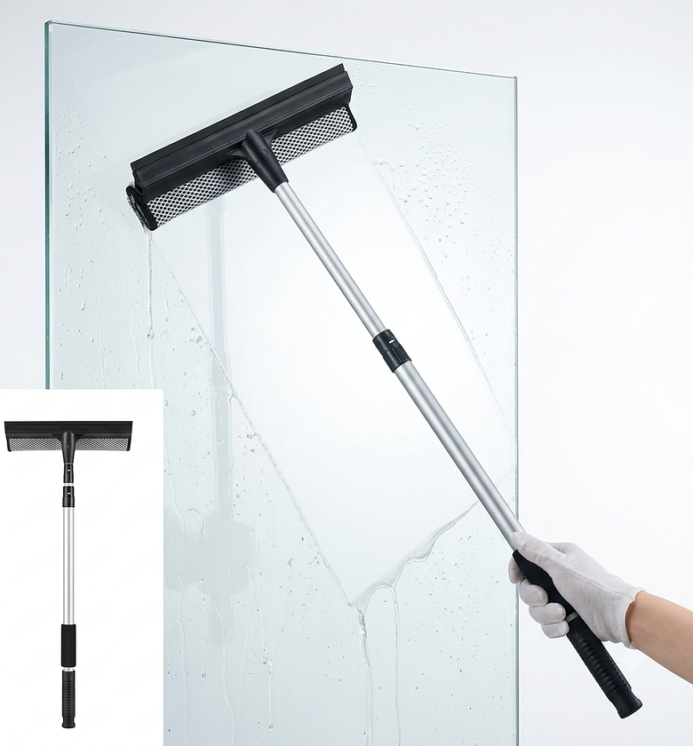 2-in-1 Extendable Window Cleaner Squeegee with Long Aluminum Handle and Mesh Scrubber for High Windows, Home & Car Glass image