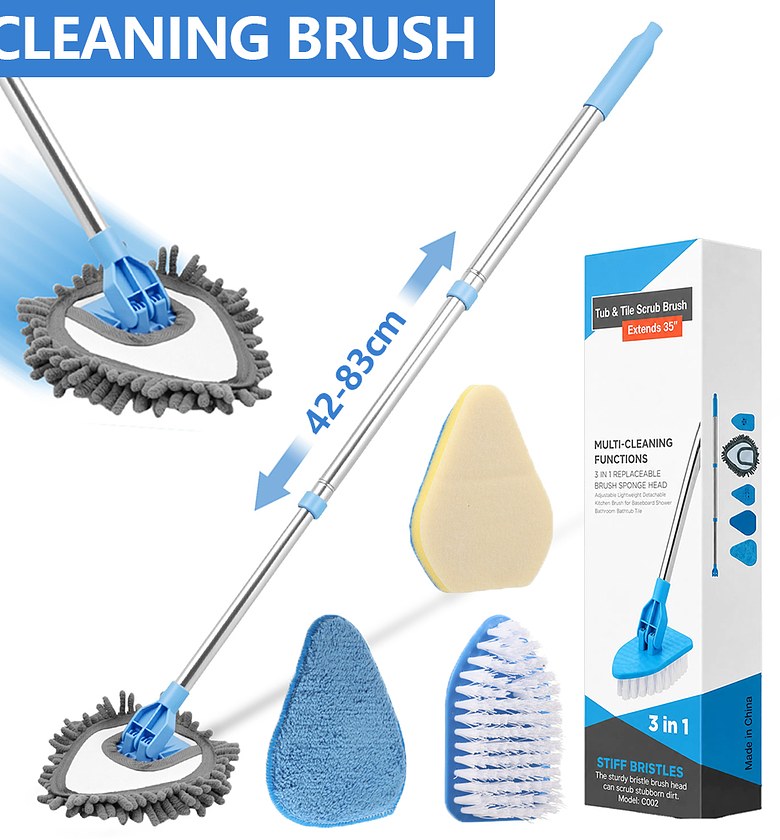 3-in-1 Extendable Tub and Tile Scrub Brush with 35" Adjustable Long Handle & Replaceable Heads for Bathroom & Kitchen image