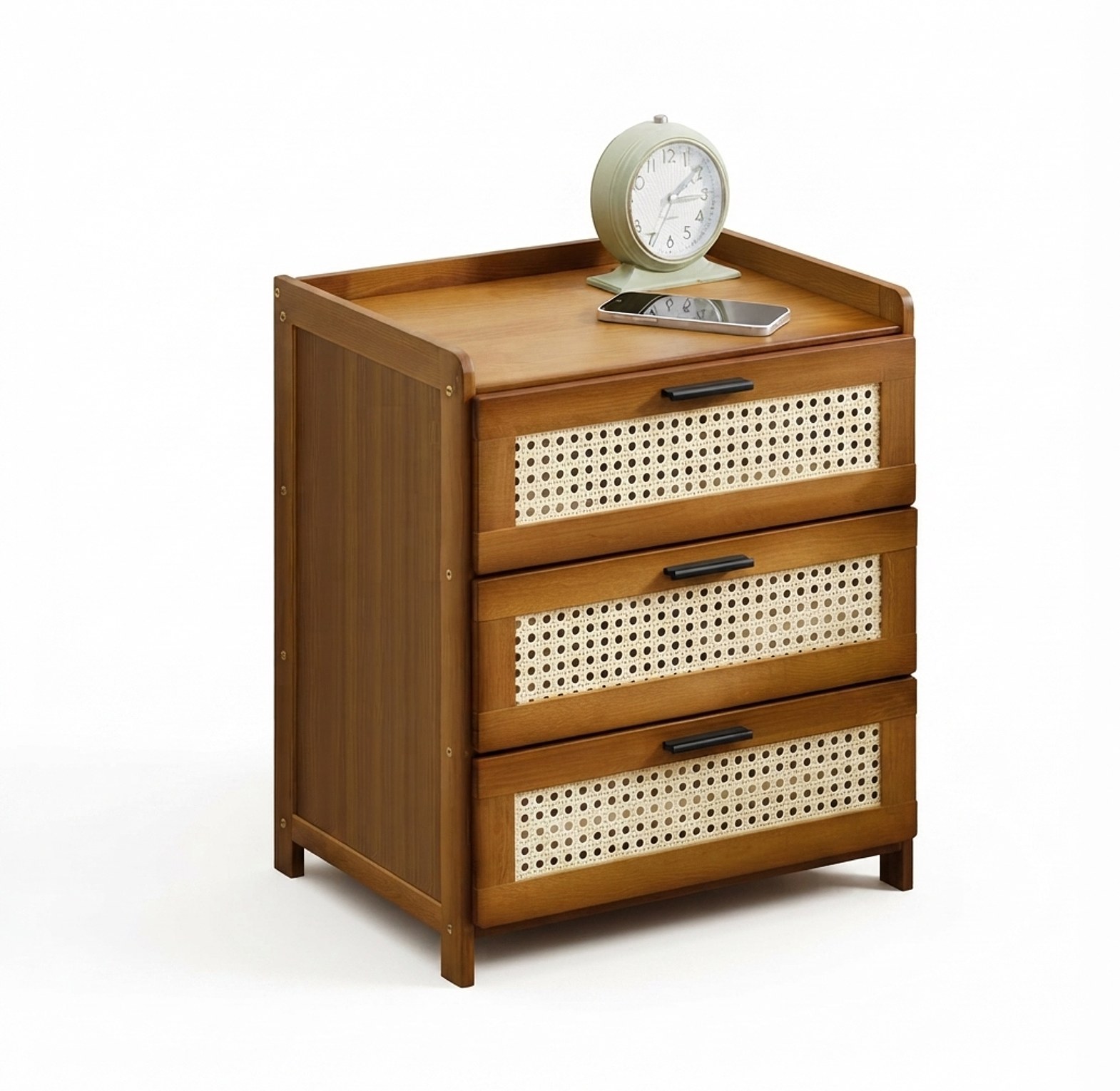 Modern 3 Drawer Wooden Bedside Cabinet Rattan Design Compact Bedroom Storage image