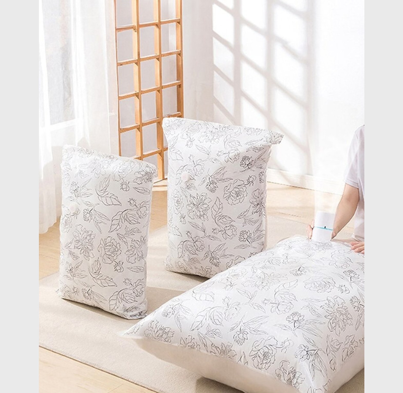 3 piece set Reusable Floral Vacuum Compression Storage Bags for Clothing and Bedding image