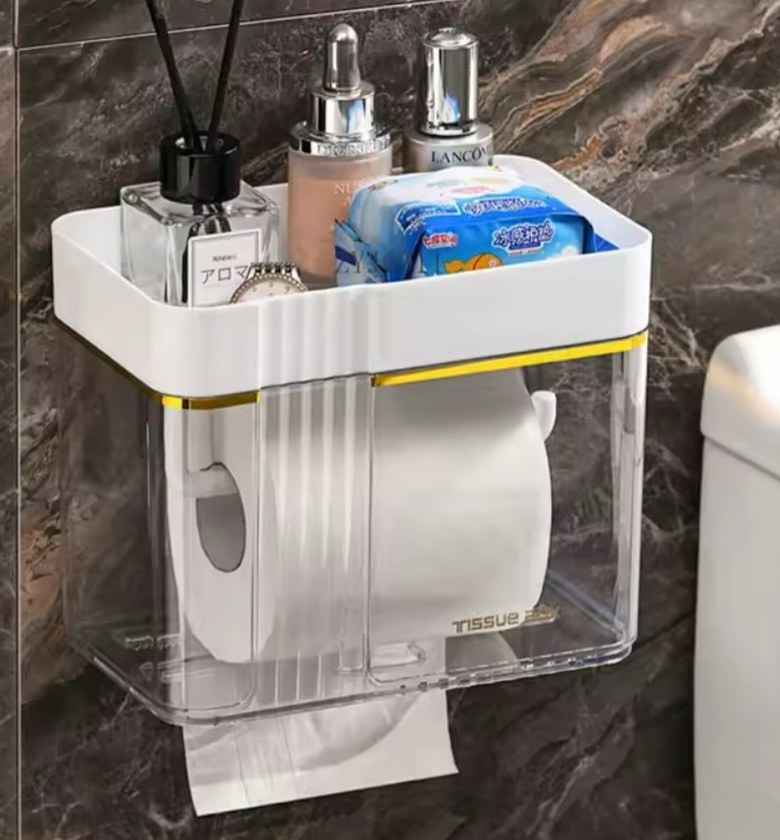 Luxury Waterproof Bathroom Tissue Holder with Top Storage Shelf – Premium Wall Mount Organizer for Modern Homes image