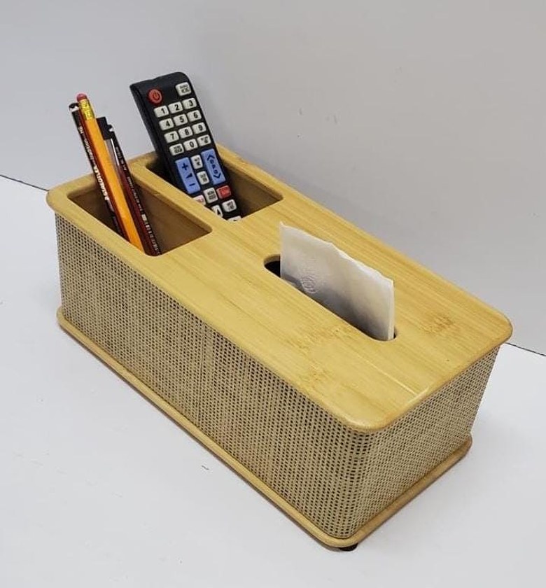 Bamboo Tissue Box & Remote Organizer, Multifunctional Desk Storage Tray for Living Room & Office image