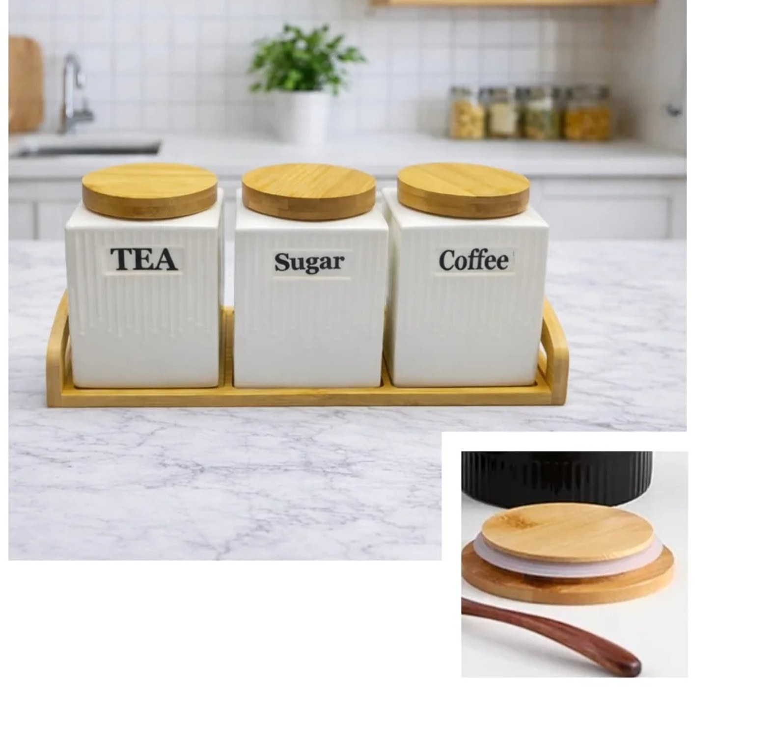 3pc Ceramic Canister Set with Bamboo Lids & Tray image