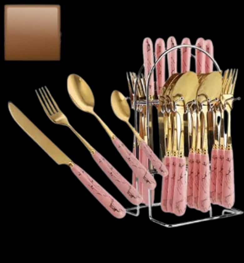  Spoons. 24-Piece Gold Stainless Steel Flatware Set with Pink/Green Ceramic Handles and Storage Stand.  image