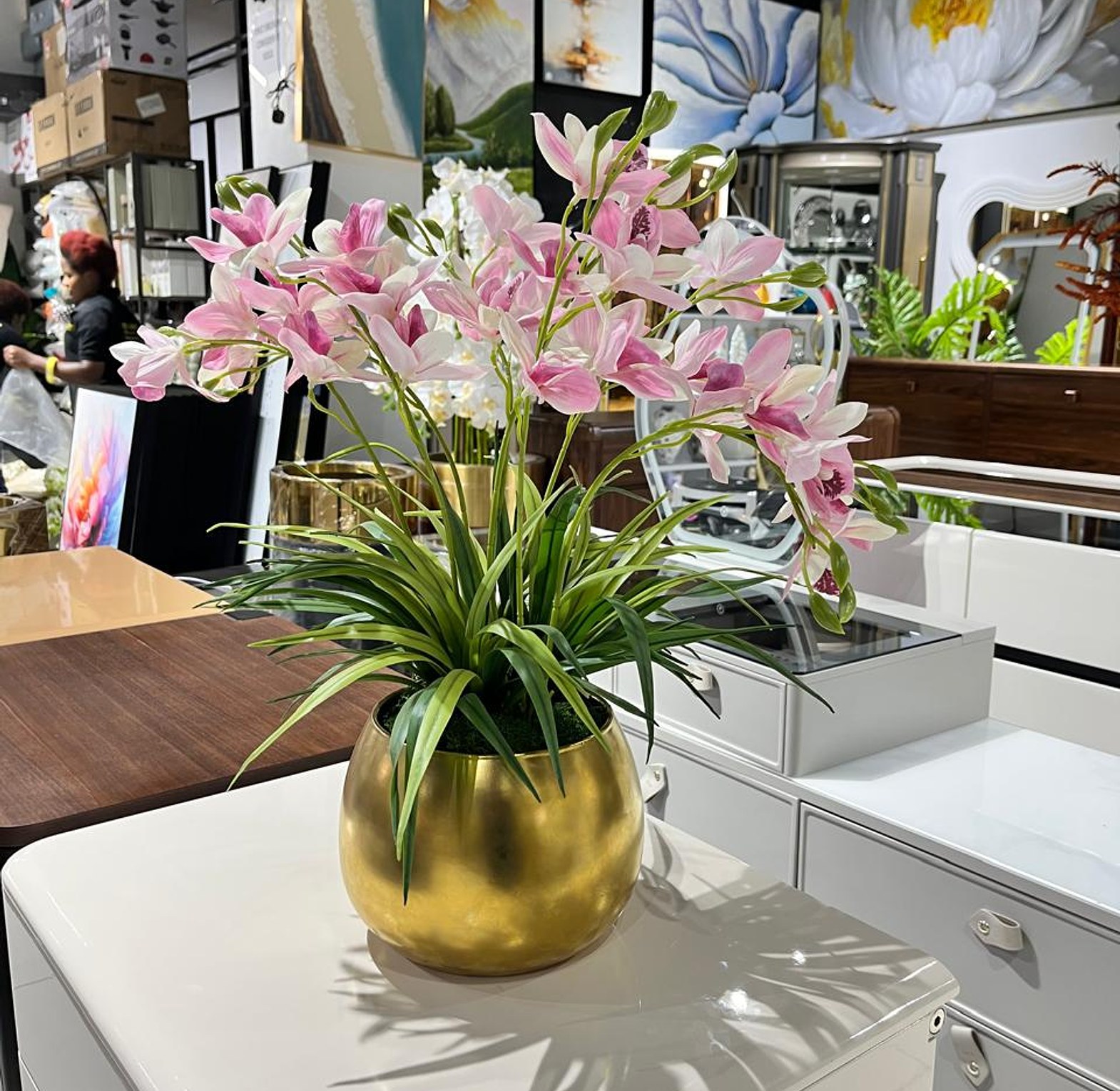 Pink Orchid Arrangement in Gold Planter image