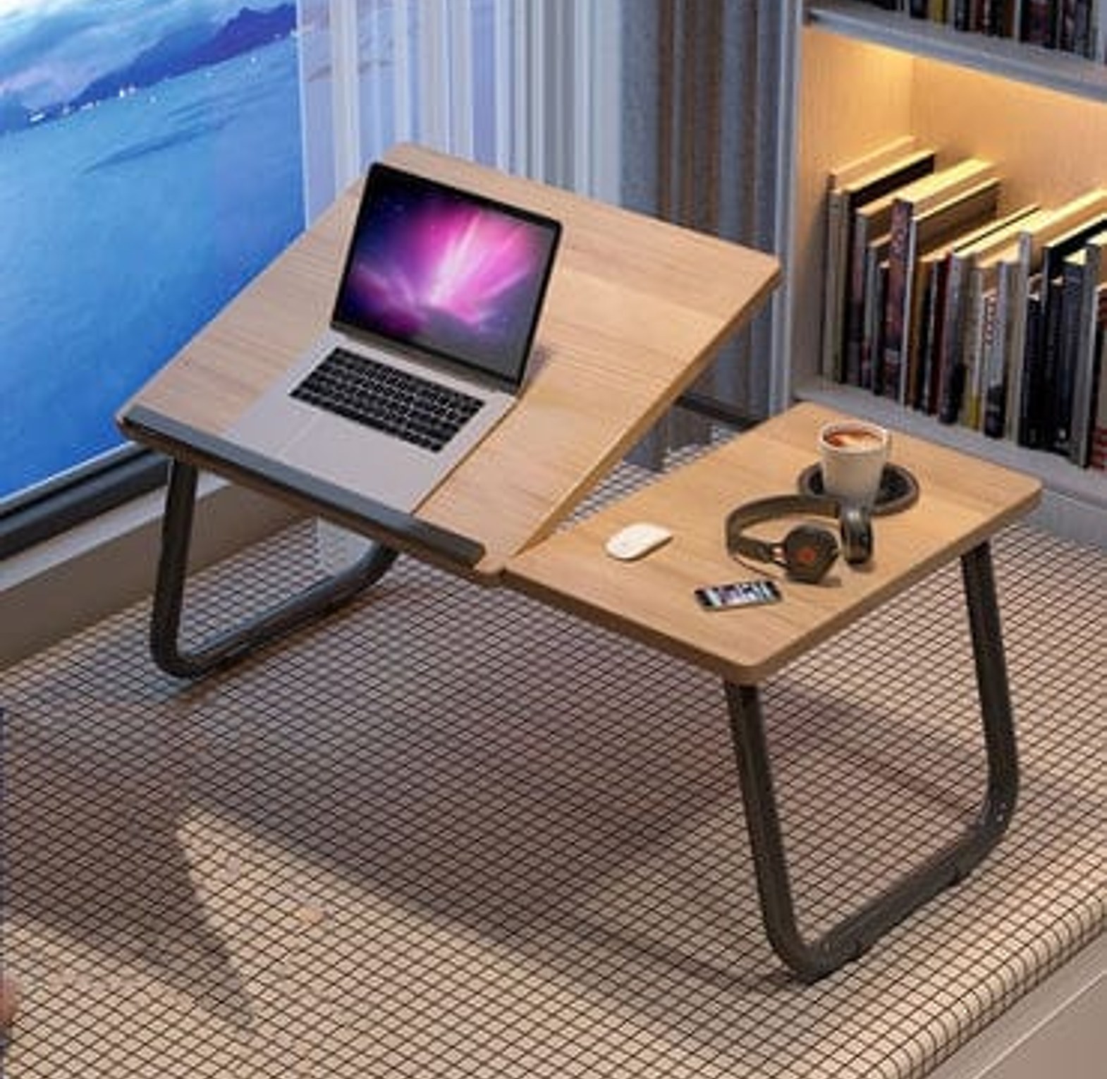 Ergonomic Adjustable Foldable Laptop Table Stand for Bed with Cup Holder Portable Study Desk for Home Office image