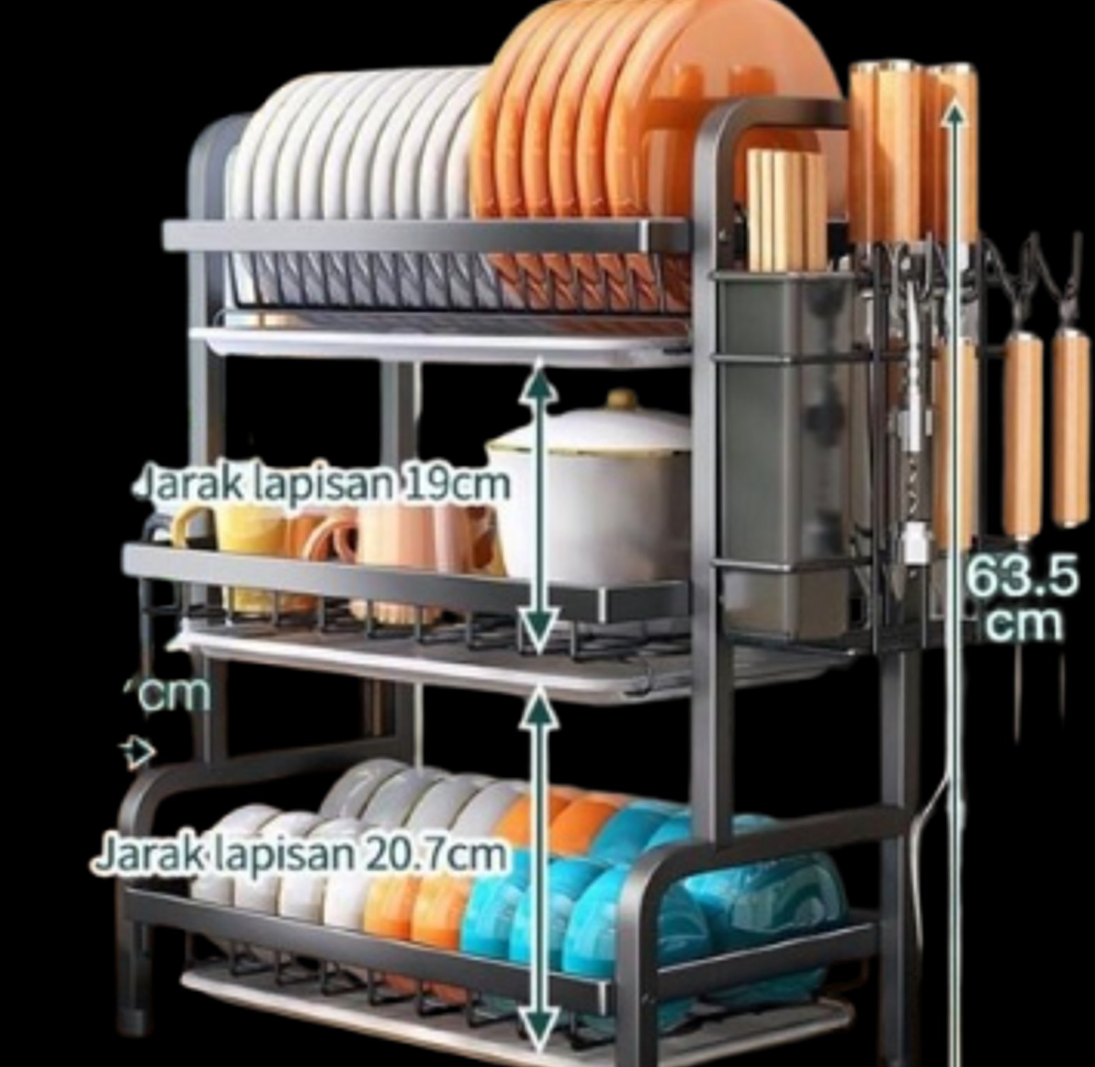 Dish Rack. 3-Tier Dish Rack with Cutlery Holder and Drainer Trays.  image