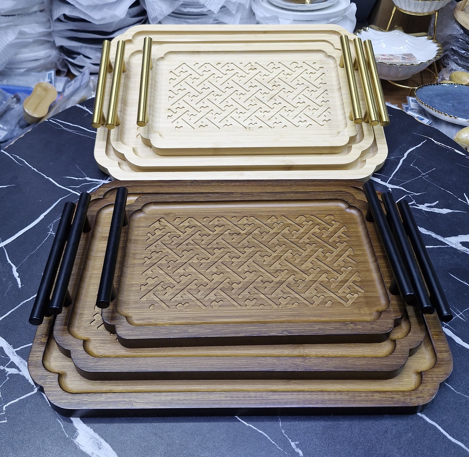 3-Piece Nested Bamboo Serving Trays with Handles image