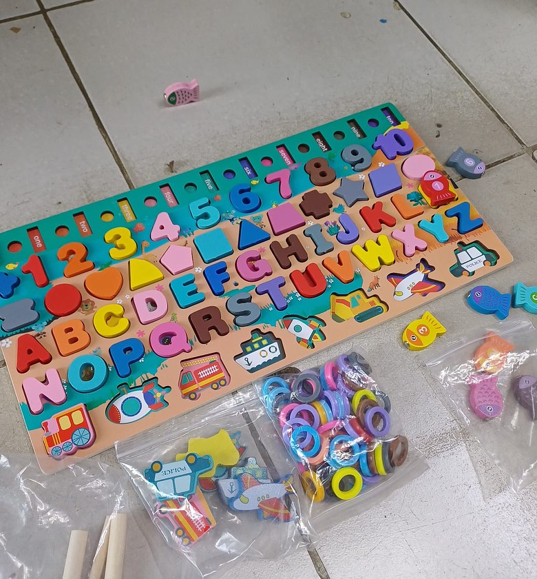 Montessori Wooden Alphabet & Number Puzzle Board with Fishing Game, Shape Sorting & Counting Rings – Educational Learning Toy for Kids image